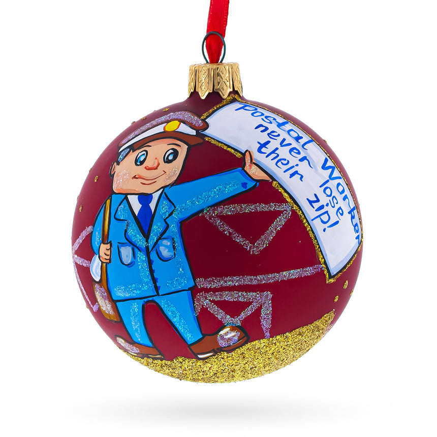 Glass Mail Carrier Glass Ball Christmas Ornament 3.25 Inches in Red color Round