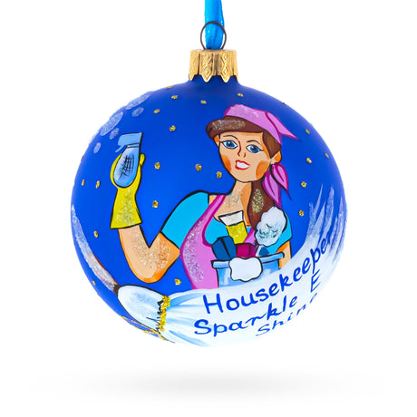 Glass Housekeeper (Maid) Glass Ball Christmas Ornament 3.25 Inches in Blue color Round