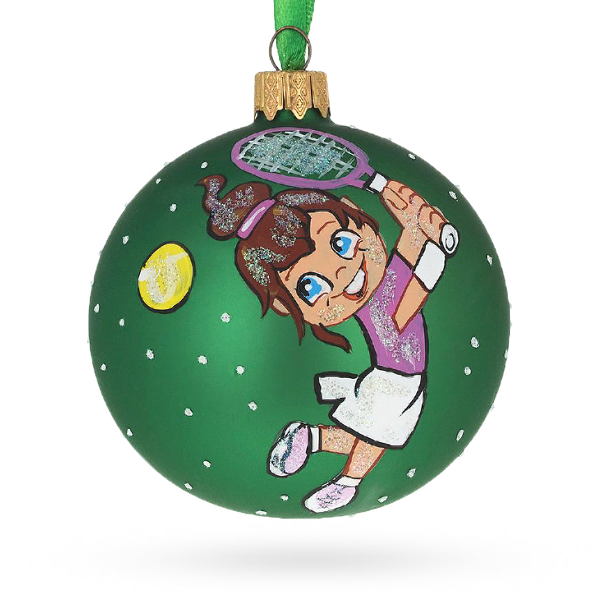 Glass Girl Playing Tennis Blown Glass Ball Christmas Ornament 3.25 Inches in Green color Round