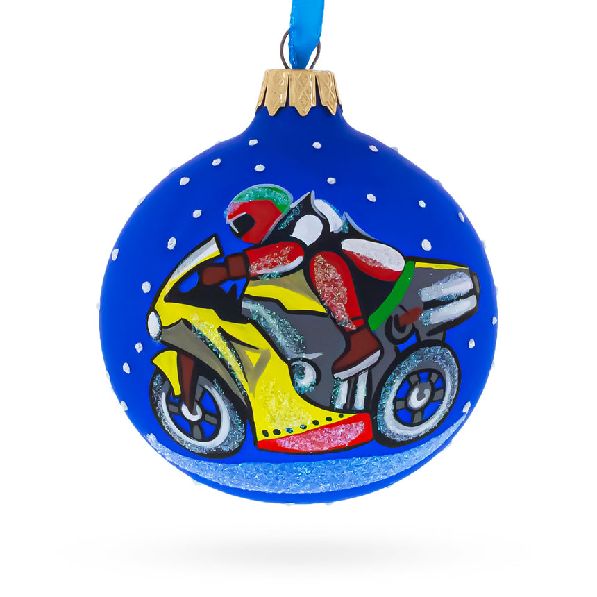 Glass Revved-Up Motorcycle Blown Glass Ball Christmas Ornament 3.25 Inches in Blue color Round