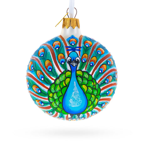 Glass Peacock Glittered Glass Ball Christmas Ornament 3.25 Inches in Blue color Round