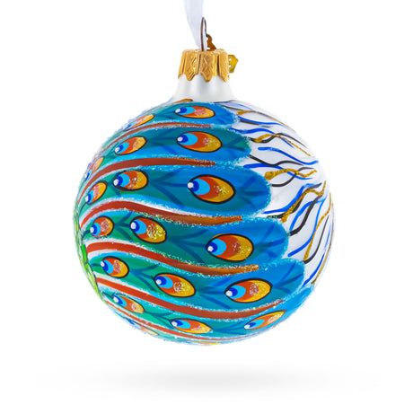 Peacock Glittered Glass Ball Christmas Ornament 3.25 InchesUkraine ,dimensions in inches: 3.25 x 3.25 x 3.25