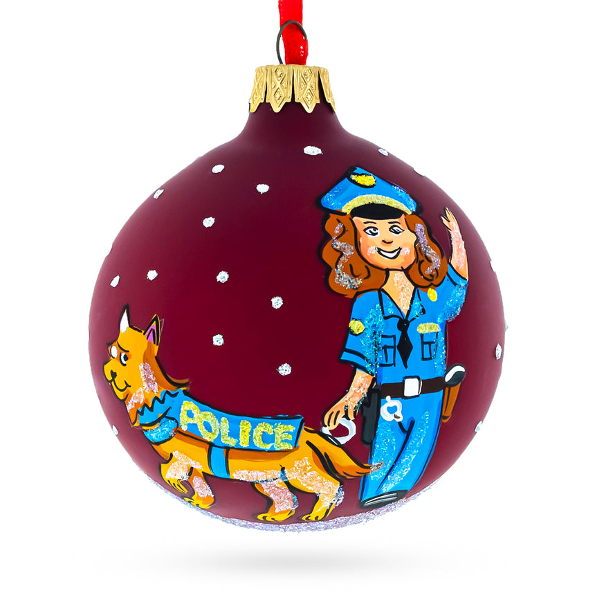 Glass K-9 Police Officer with Dog Blown Glass Ball Christmas Ornament 3.25 Inches in Red color Round