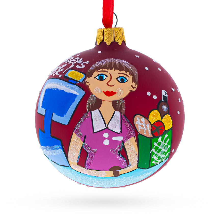 Glass Cashier Glass Ball Christmas Ornament 3.25 Inches in Red color Round