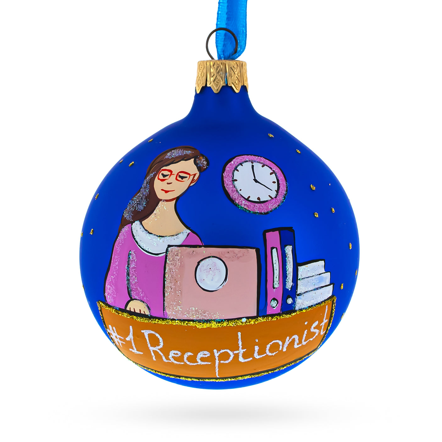 Glass Receptionist Office Secretary Blown Glass Ball Christmas Ornament 3.25 Inches in Blue color Round