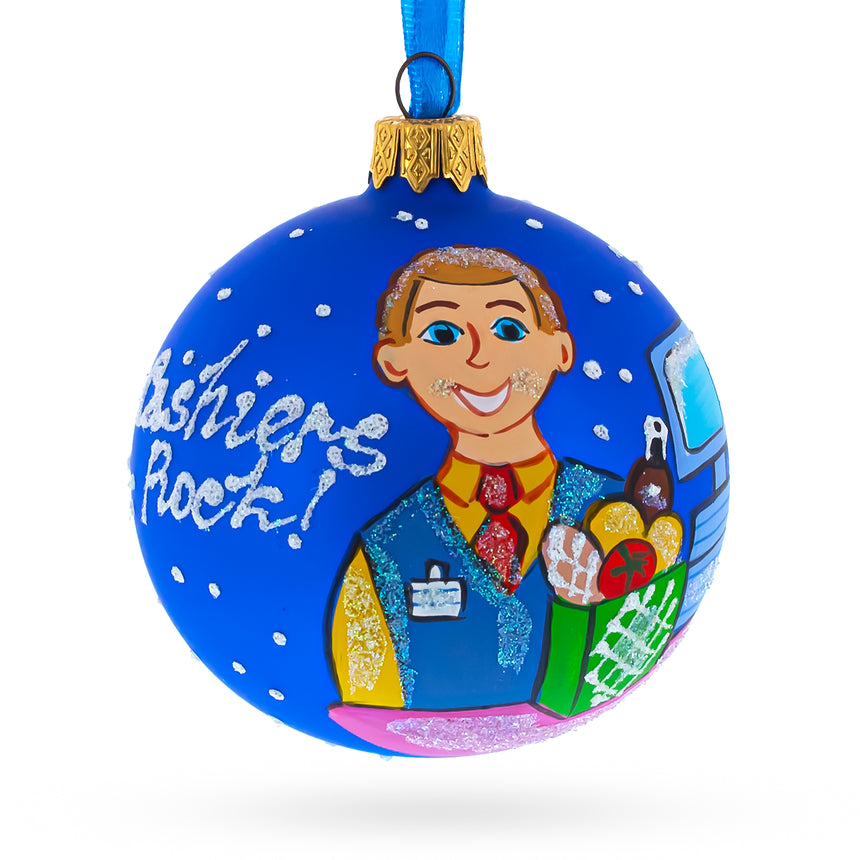 Glass Cashier Blown Glass Ball Christmas Ornament 3.25 Inches in Blue color Round