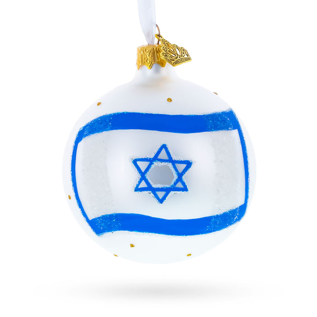 Glass Flag of Israel Glass Ball Christmas Ornament 3.25 Inches in White color Round