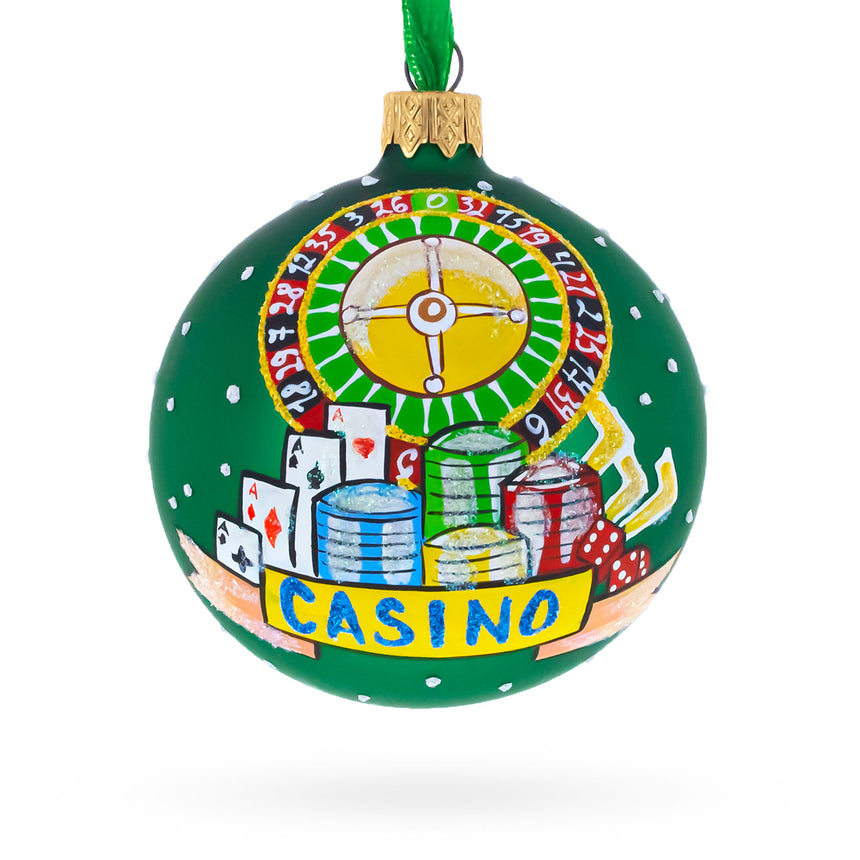 Glass Casino Roulette Table Glass Ball Christmas Ornament 3.25 Inches in Green color Round