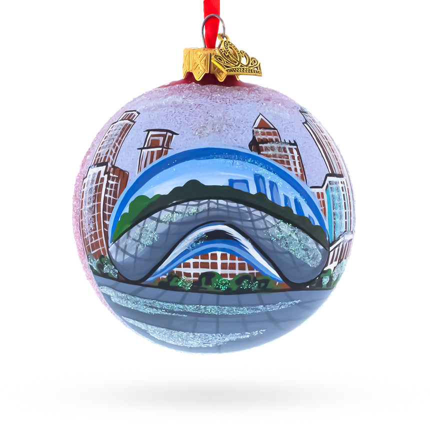 Glass Chicago Cityscape Reflections Glass Ball Christmas Ornament 3.25 Inches in Blue color Round