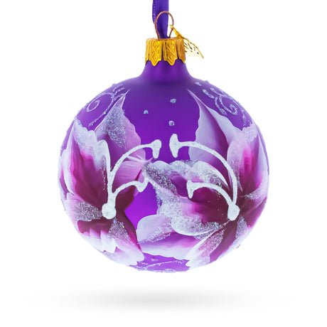 Glass Purple Lily Blossoms Glass Ball Christmas Ornament 3.25 Inches in Purple color Round