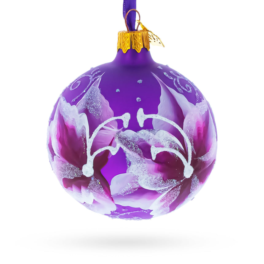 Glass Purple Lily Blossoms Blown Glass Ball Christmas Ornament 3.25 Inches in Purple color Round