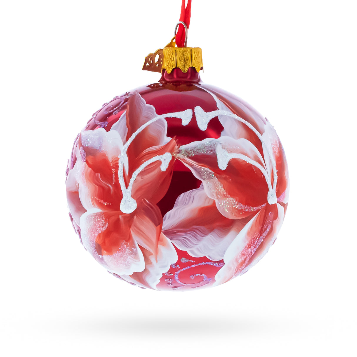 Glass Red Lilies Blown Glass Ball Christmas Ornament 3.25 Inches in Red color Round