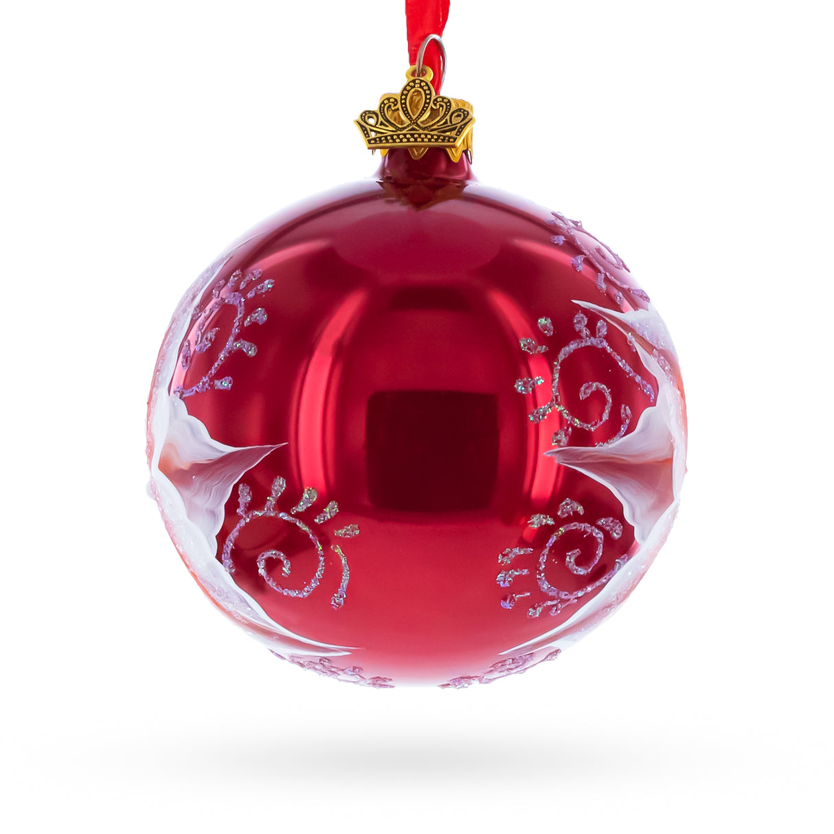 Red Lilies Blown Glass Ball Christmas Ornament 3.25 InchesUkraine ,dimensions in inches: 3.25 x 3.25 x 3.25