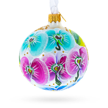 Glass Orchid Medley Blown Glass Ball Christmas Ornament 3.25 Inches in White color Round