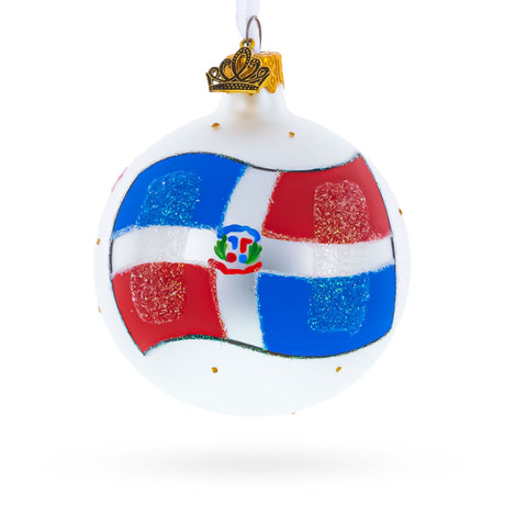 Glass Flag of Dominican Republic Blown Glass Ball Christmas Ornament 3.25 Inches in White color Round