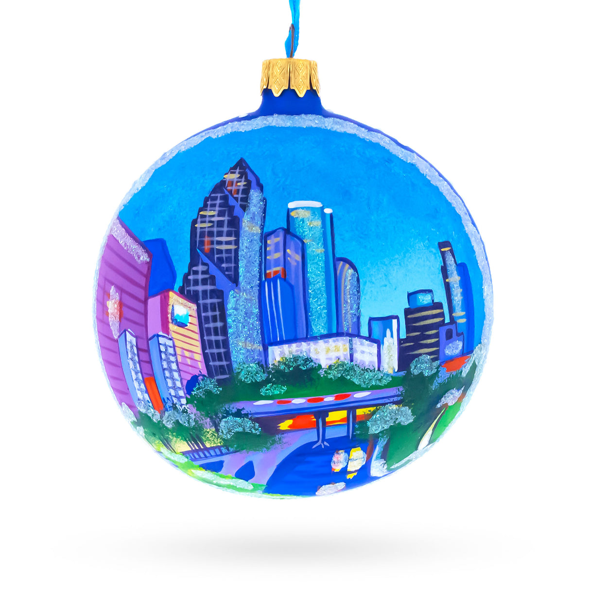 Glass Houston, Texas Glass Ball Christmas Ornament 4 Inches in Multi color Round