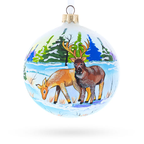 Glass Majestic Deer in Winter Forest Blown Glass Ball Christmas Ornament 4 Inches in Multi color Round