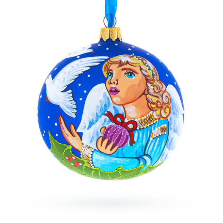 Glass Angel with Peace Pigeons Blown Glass Ball Christmas Ornament 4 Inches in Blue color Round