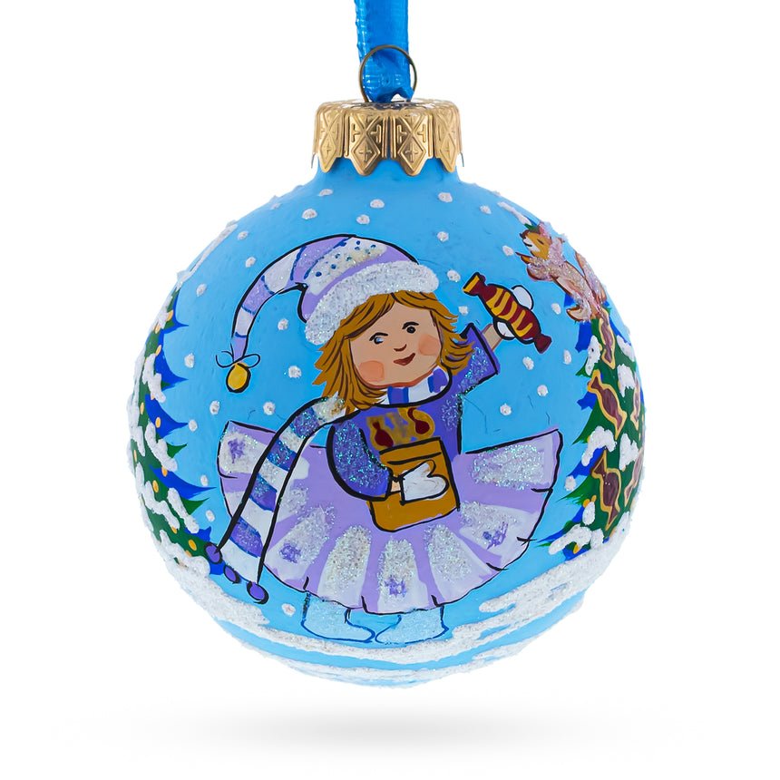 Glass Girl with Candy and Squirrel Blown Glass Ball Christmas Ornament 3.25 Inches in Blue color Round