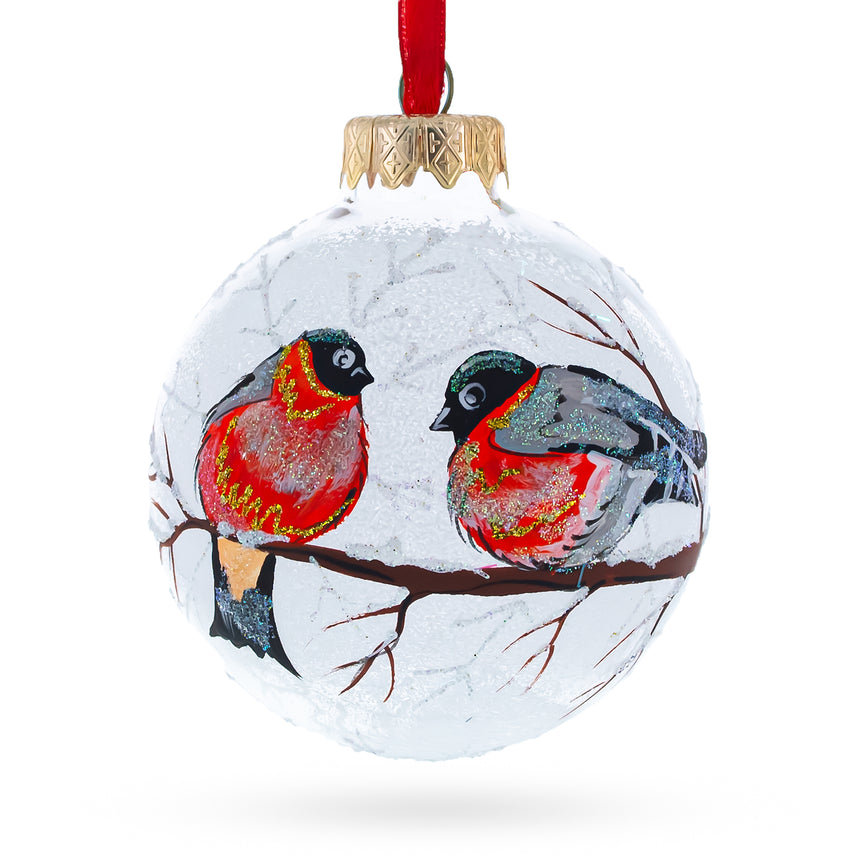 Glass Red-breasted Black Bird Glass Ball Christmas Ornament 3.25 Inches in White color Round