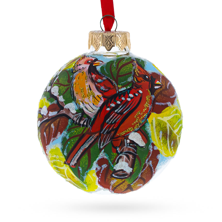 Glass Two Cardinal Birds Blown Glass Ball Christmas Ornament 3.25 Inches in Multi color Round