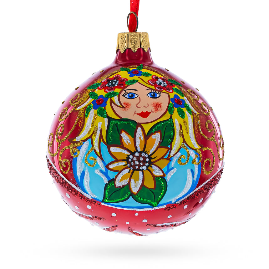 Glass Flower Girl Glass Christmas Ornament 3.25 Inches in Red color Round