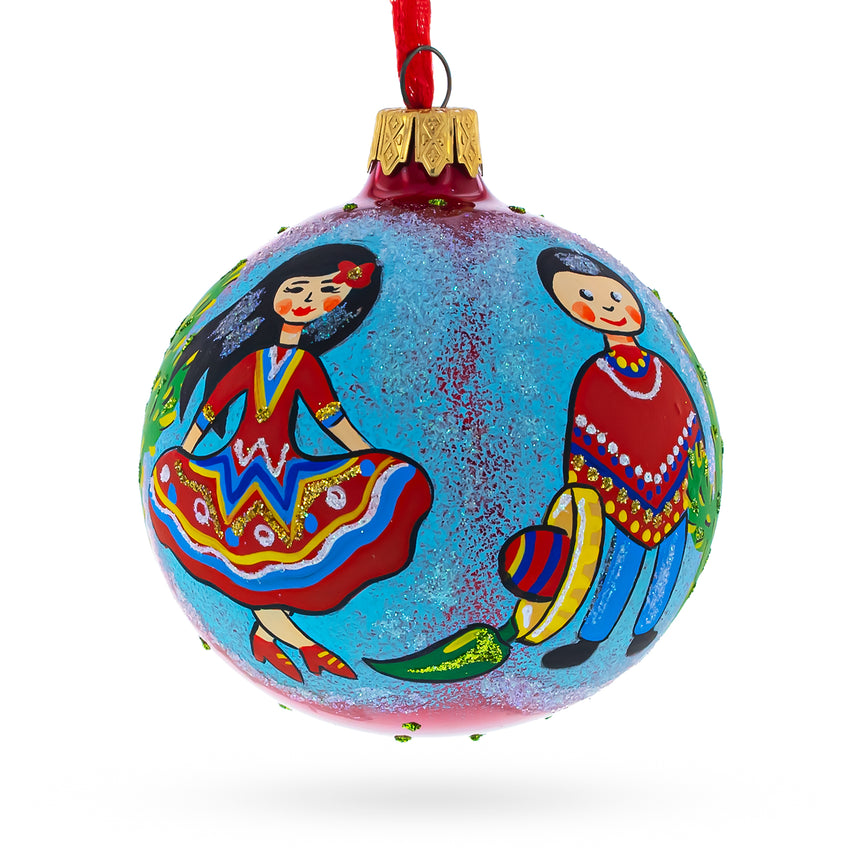 Glass Latin American Dancers Blown Glass Christmas Ornament 3.25 Inches in Blue color Round