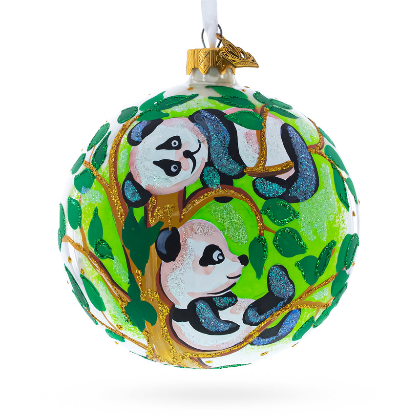 Glass Panda Bears on Tree Branch Blown Glass Ball Christmas Ornament 4 Inches in Multi color Round