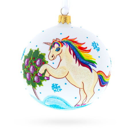 Glass Enchanting Unicorn Glass Ball Christmas Ornament 4 Inches in White color Round