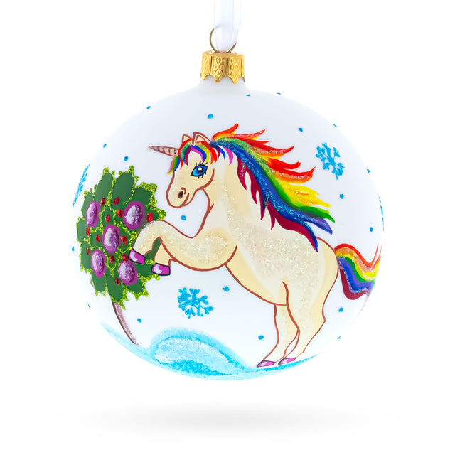 Glass Enchanting Unicorn Blown Glass Ball Christmas Ornament 4 Inches in White color Round