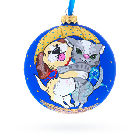 Glass Playful Cat & Dog Glass Ball Christmas Ornament 4 Inches in Blue color Round