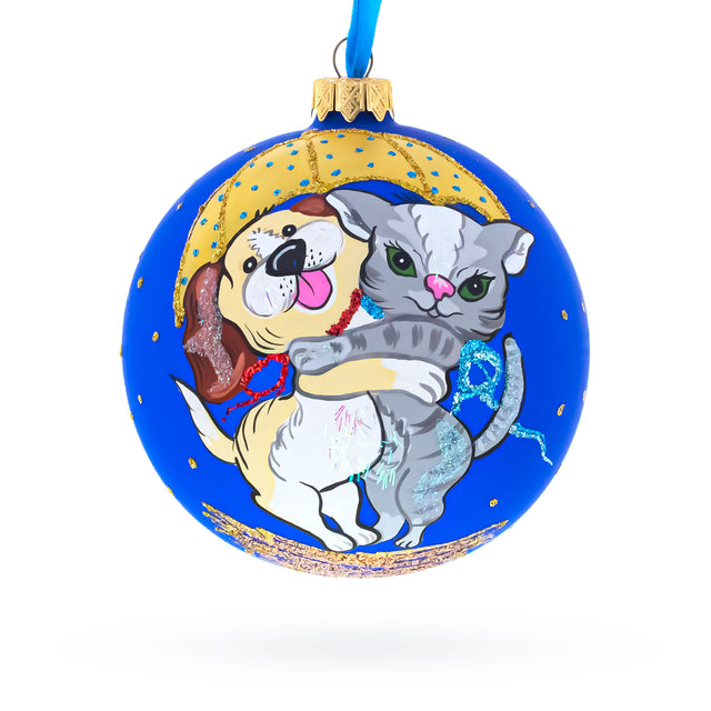 Glass Playful Cat & Dog Blown Glass Ball Christmas Ornament 4 Inches in Blue color Round