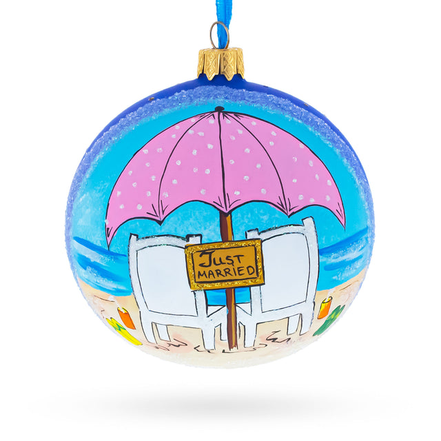 Glass Just Married on the Beach Blown Glass Ball Christmas Ornament 4 Inches in Blue color Round