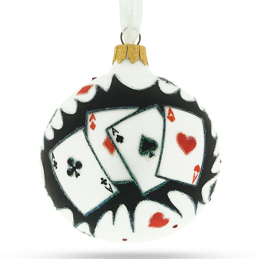 Glass Playing Cards Deck Blown Glass Christmas Ornament 3.25 Inches in White color Round