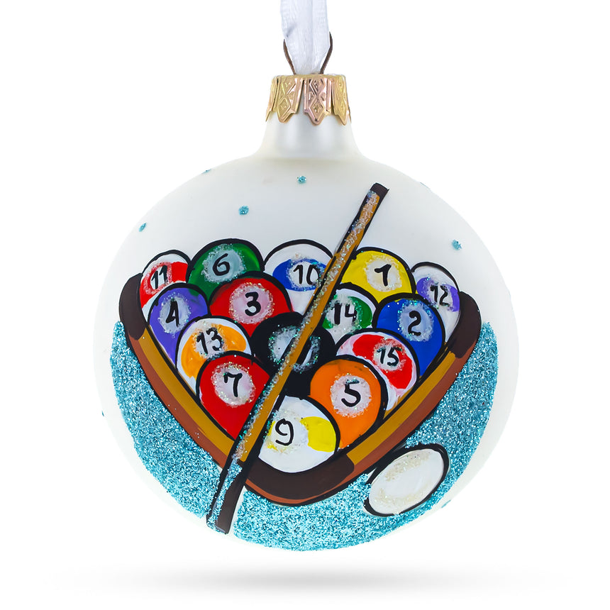 Glass I Love Pool Billiard Blown Glass Christmas Ornament 3.25 Inches in White color Round