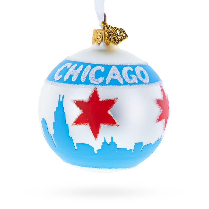 Glass Chicago Flag Glass Ball Christmas Ornament 3.25 Inches in Multi color Round