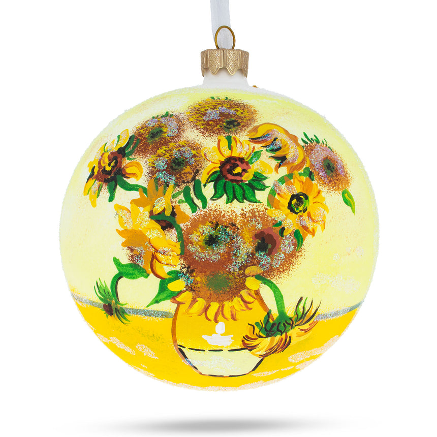 Glass 1887 'Sunflowers' by Vincent Van Gogh Glass Ball Christmas Ornament 4 Inches in Yellow color Round