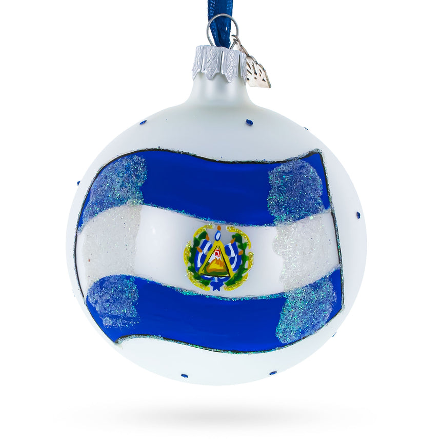 Glass Flag of El Salvador Glass Ball Christmas Ornament 3.25 Inches in Multi color Round