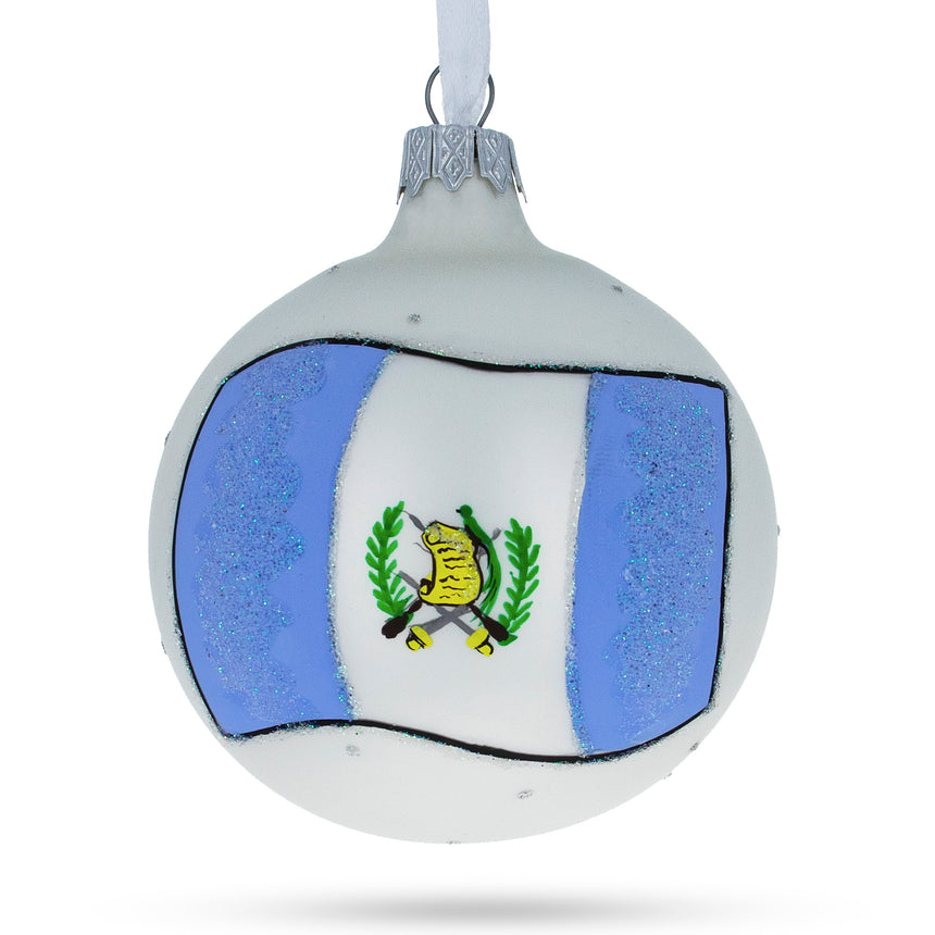 Glass Flag of Guatemala Glass Ball Christmas Ornament 3.25 Inches in White color Round