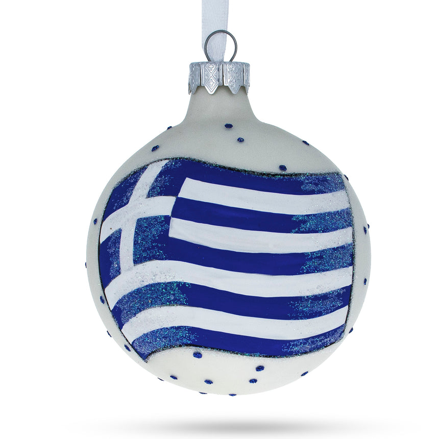 Glass Flag of Greece Blown Glass Ball Christmas Ornament 3.25 Inches in Blue color Round