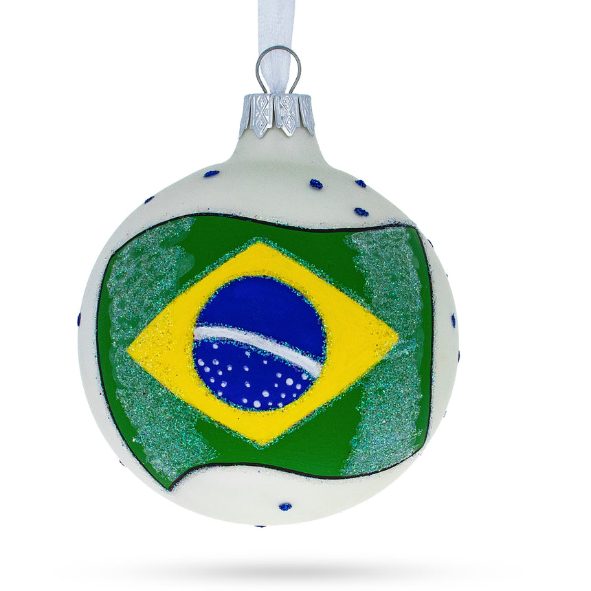 Glass Flag of Brazil Glass Ball Christmas Ornament 3.25 Inches in Green color Round