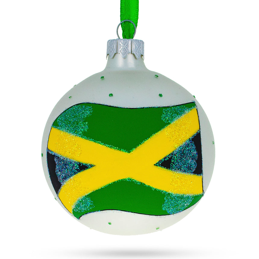 Glass Flag of Jamaica Glass Ball Christmas Ornament 3.25 Inches in Green color Round