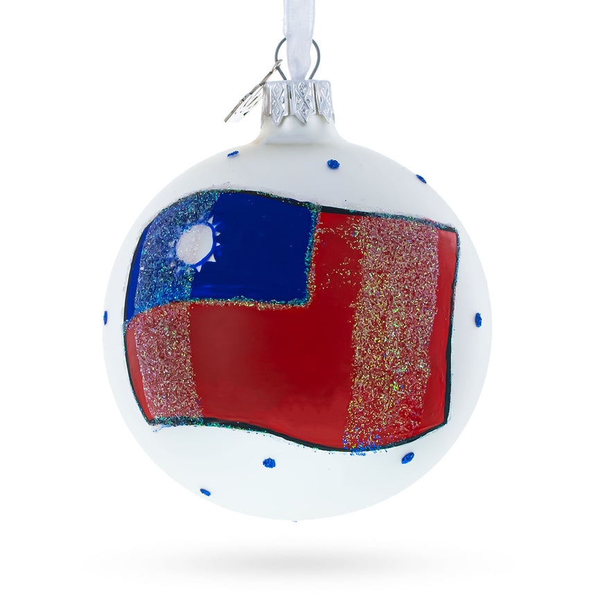 Glass Flag of Taiwan Glass Ball Christmas Ornament 3.25 Inches in Multi color Round