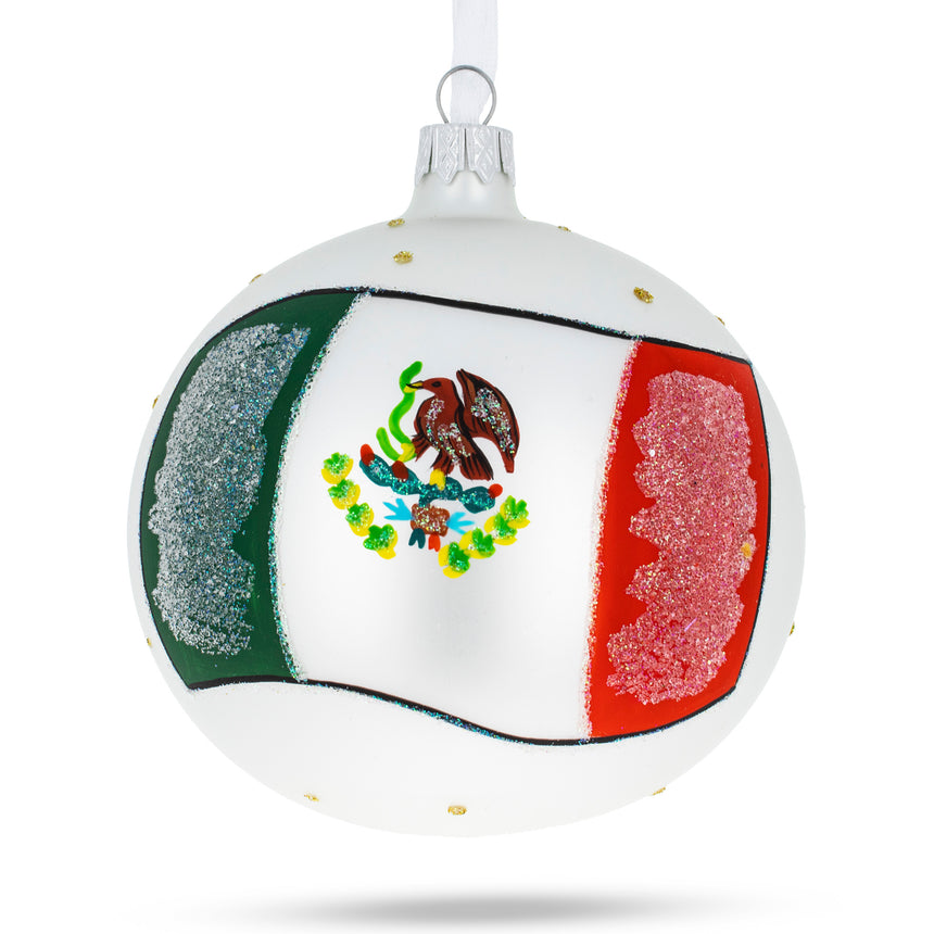 Glass Flag of Mexico Glass Ball Christmas Ornament 4 Inches in Multi color Round