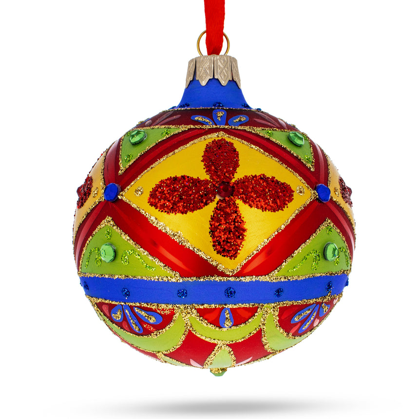 Glass Multicolor Bejeweled Blown Glass Ball Christmas Ornament 3.25 Inches in Multi color Round