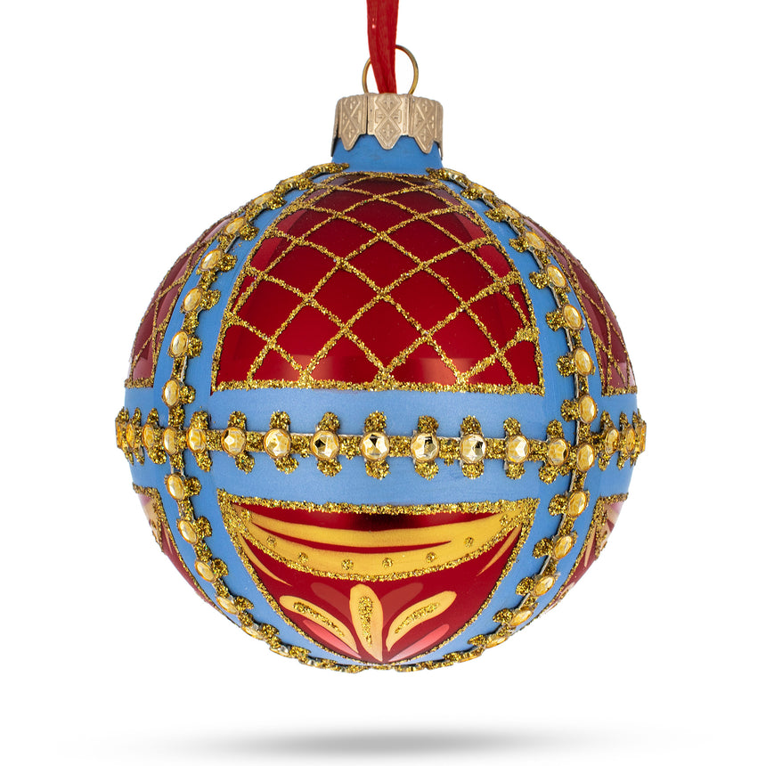 Glass Trellis on Blue and Red Blown Glass Ball Christmas Ornament 3.25 Inches in Multi color Round