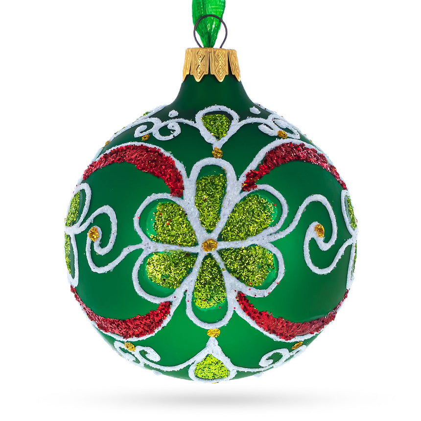 Glass Flowers on Green Blown Glass Ball Christmas Ornament 3.25 Inches in Green color Round