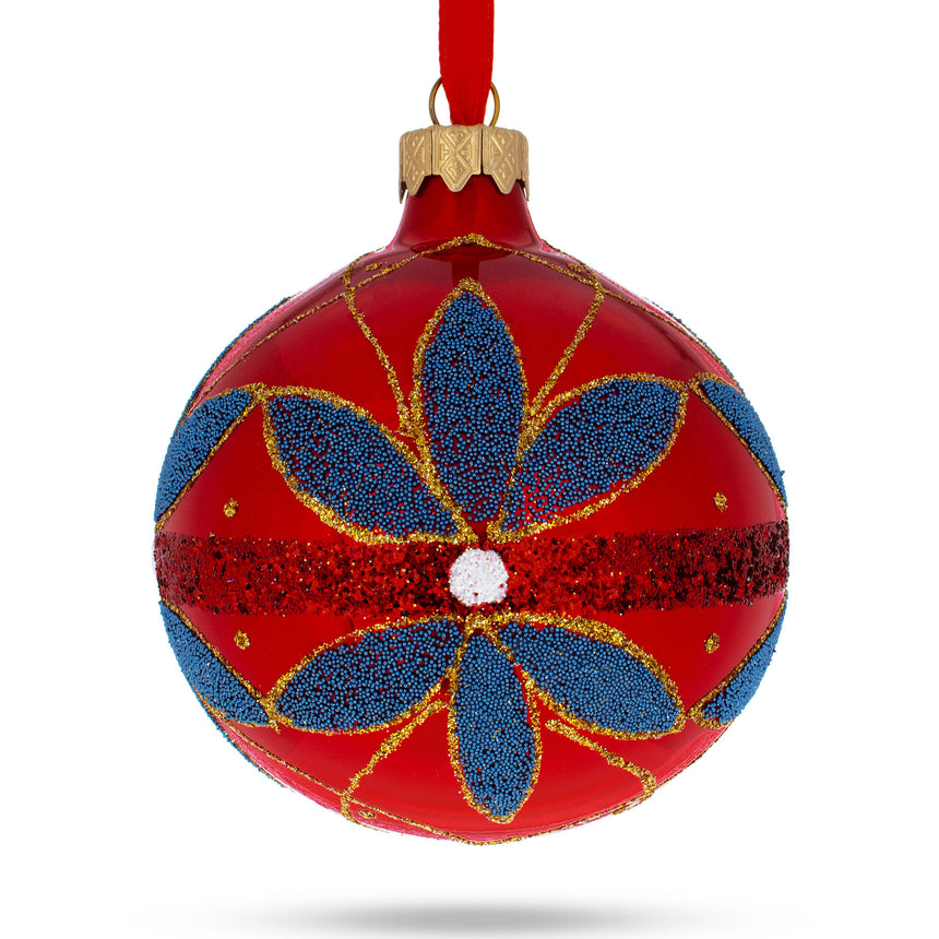 Glass Blue Flowers on Red Blown Glass Ball Christmas Ornament 3.25 Inches in Red color Round