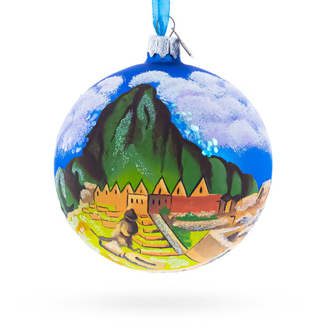 Glass Machu Picchu, Peru Glass Christmas Ball Ornament 4 Inches in Multi color Round