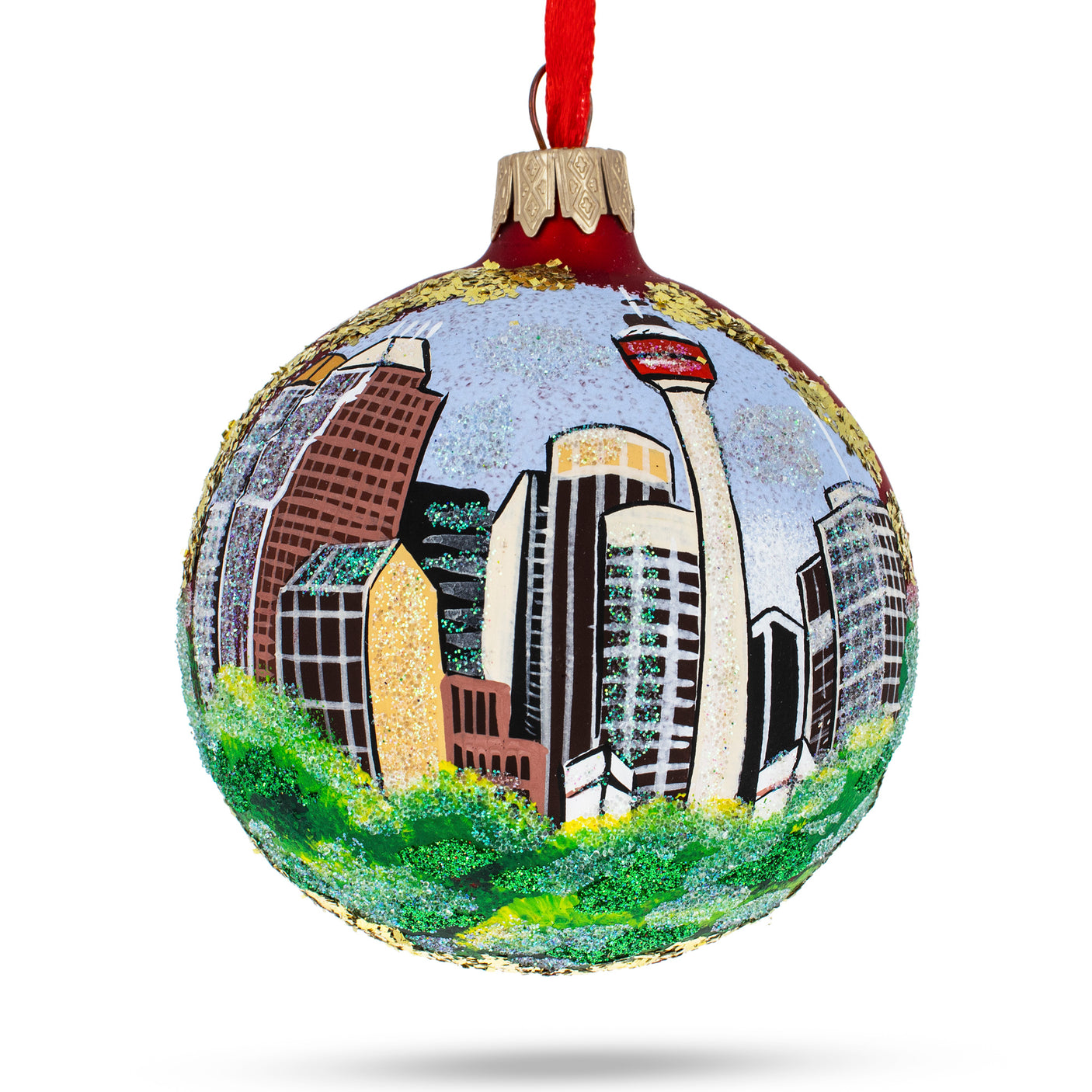 Glass Calgary Tower, Calgary, Canada Glass Ball Christmas Ornament 3.25 Inches in Multi color Round